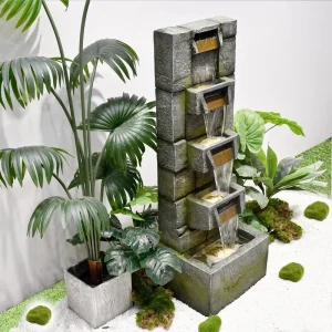 5-Tier Modern Cascading Indoor/Outdoor Fountain With LED Lights - Resin and Fiberglass