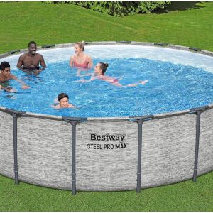Steel Pro MAX 14 Foot x 48 Inch Round Steel Frame Above Ground Pool Set With 1,000 Filter Pump, Ladder And Cover - Gray