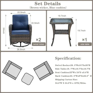 Belord 3-Piece Patio Swivel Rocking Chair Set With Side Table - Brown/Blue