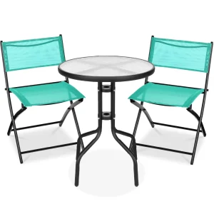 Best Choice Products 3-Piece Patio Bistro Dining Set With Glass Tabletop And Folding Chairs - Gray
