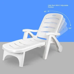 Rolling Folding Plastic Pool Lounge Chair With Armrests, 5 Position - Patio Deck Beach Chair