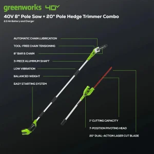Greenworks 40V 20in Pole Saw With Hedge Trimmer Attachment, 2.0 Ah Battery And Charger