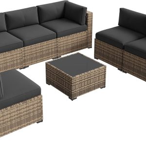 Aoxun 7-Piece Outdoor Wicker Patio Conversation Set With Thick Cushions