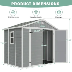 Seizeen Resin Outdoor Storage Shed With Floor, Light Gray, 82 in H
