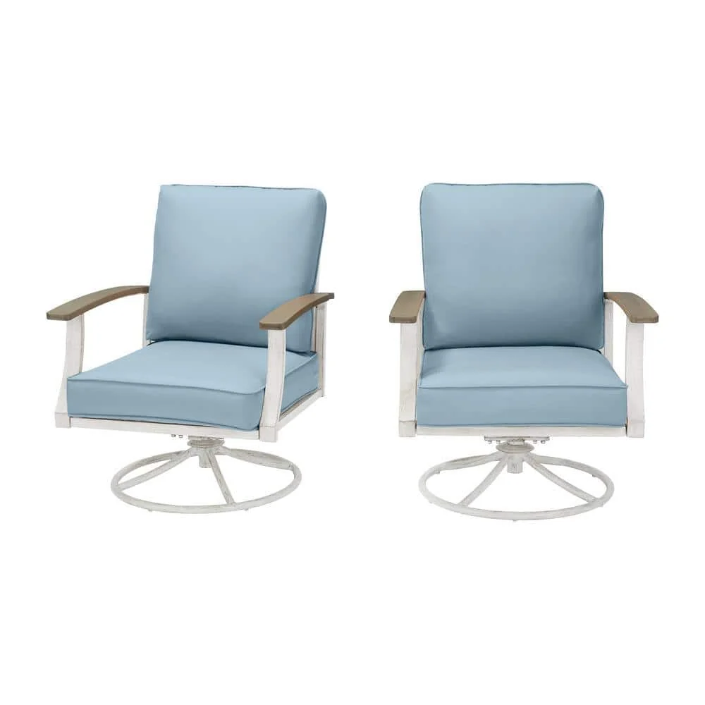 Hampton Bay Marina Point White Steel Outdoor Patio Swivel Lounge Chair With Surf Blue Cushions, 2-Pack - GC-41019-SSP
