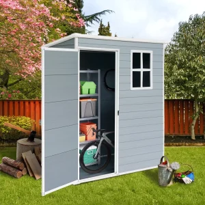 Seizeen Outdoor Resin Storage Shed, 41 Cu. Ft. / 306 Gal, Gray, 3 Doors With Floor
