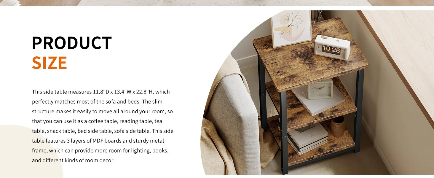3-Tier Side Table Product Size Dimensions 11.8D x 13.4W x 22.8H