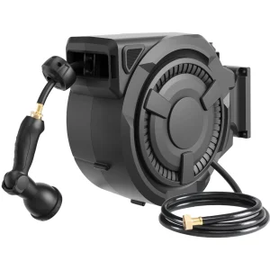 Wall-Mounted Retractable Garden Hose Reel With 100 ft 1/2 Inch Hose And 180 Degree Swivel