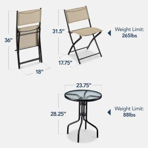 Best Choice Products 3-Piece Patio Bistro Dining Set With Glass Tabletop And Folding Chairs - Gray