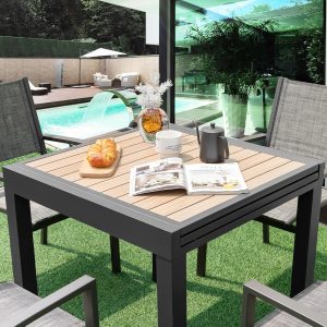 Extendable Outdoor Dining Table, Aluminum Frame, Dark Grey, Slatted Top - 80D x 160W x 75H Centimetres