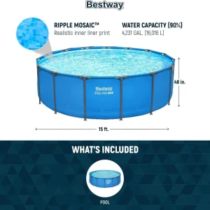 Steel Pro MAX 14 Foot x 48 Inch Round Steel Frame Above Ground Pool Set With 1,000 Filter Pump, Ladder And Cover - Gray