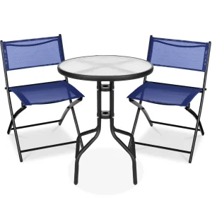 Best Choice Products 3-Piece Patio Bistro Dining Set With Glass Tabletop And Folding Chairs - Gray