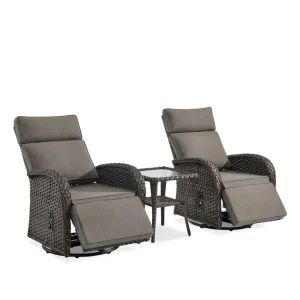 Pocassy 3-Piece Outdoor Recliner Set With Side Tables And Grey Cushions