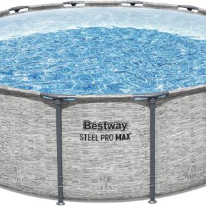 Steel Pro MAX 14 Foot x 48 Inch Round Steel Frame Above Ground Pool Set With 1,000 Filter Pump, Ladder And Cover - Gray
