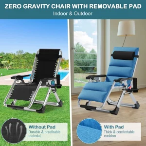 NAIZEA Zero Gravity Chair With Removable Cushion, Cup Holder, and Black Color