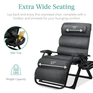 Best Choice Products Oversized Zero Gravity Folding Recliner With Removable Cushion And Side Tray - Fossil Gray