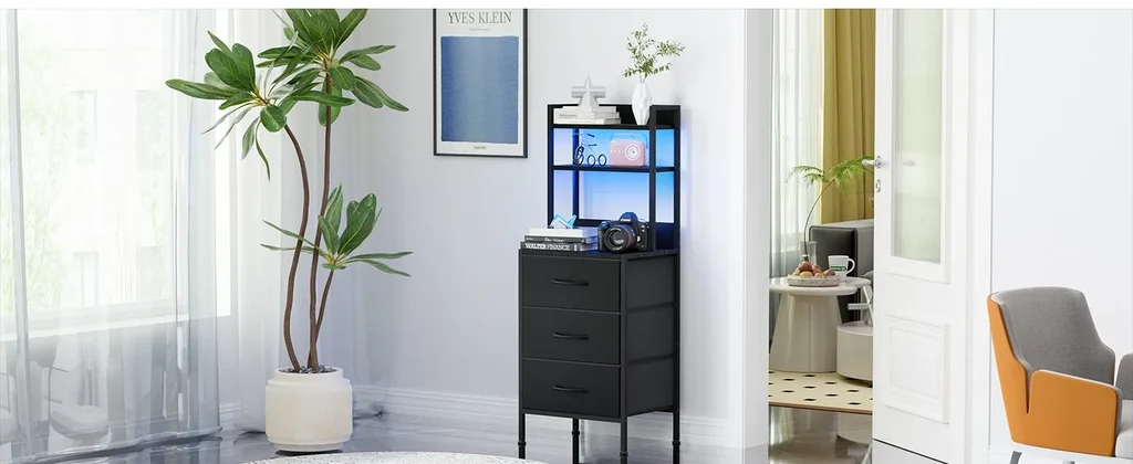 41 Inch Tall Nightstand in Modern Bedroom with LED Lighting