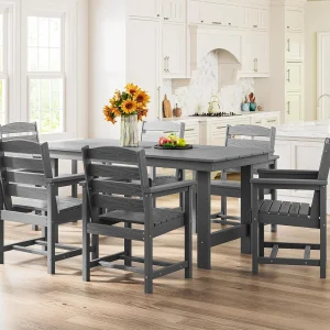 SERWALL 7-Piece HDPE Outdoor Dining Set With Umbrella Hole - Gray