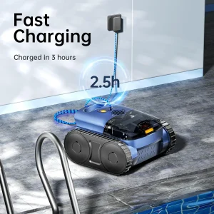 Cordless Robotic Pool Vacuum Cleaner With Track Drive, Sonar Navigation, 180W Brushless Motor, 150-Min Runtime, Dark Blue