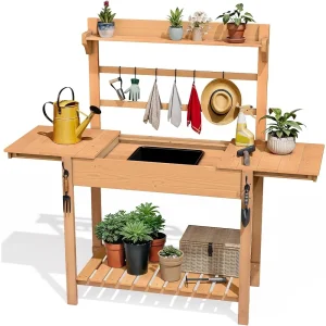 DWVO Outdoor Wooden Potting Bench Table With Sink And Sliding Top