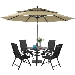 MAISON ARTS 6-Piece Patio Dining Set With 4 Adjustable Folding Chairs, Square Metal Table And 10ft Umbrella