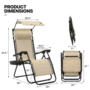 MoNiBloom Zero Gravity Reclining Chairs Set Of 2 With Canopy Shade And Headrest, Black - 330 lbs