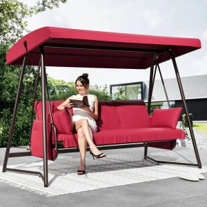 TQKVIPI 4 Person Outdoor Porch Swing Bed With Adjustable Backrest Canopy - 800 lbs Capacity