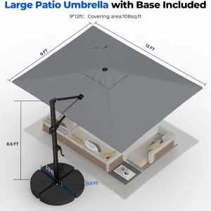 HOMSHADE Cantilever Patio Umbrella, 9x12FT, Grey, Aluminum, 360 Degree Rotation, 6 Tilts