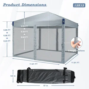 Aoodor Pop Up Canopy 12'x12' With Removable Mesh Sidewalls - Black