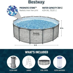 Steel Pro MAX 14 Foot x 48 Inch Round Steel Frame Above Ground Pool Set With 1,000 Filter Pump, Ladder And Cover - Gray