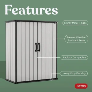 Keter Premier Vertical Outdoor Storage Shed With Floor, Lockable Double Doors, Grey
