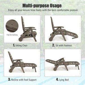 Rolling Folding Plastic Pool Lounge Chair With Armrests, 5 Position - Patio Deck Beach Chair
