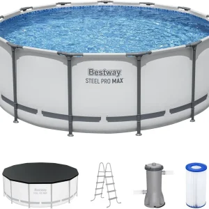 Steel Pro MAX 14 Foot x 48 Inch Round Steel Frame Above Ground Pool Set With 1,000 Filter Pump, Ladder And Cover - Gray