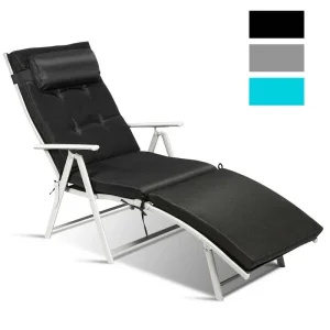 7 Position Folding Outdoor Chaise Lounge Chair With Cushion And Pillow
