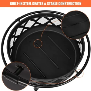 SUNCREAT 42-Inch Wood Burning Patio Fire Pit, Black, 42.1 Inch Diameter x 25.2 Inch High