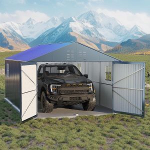 GarveeLife Enclosed Metal Carport 12x20 FT, Gray - Reinforced Frame And Steel Roof