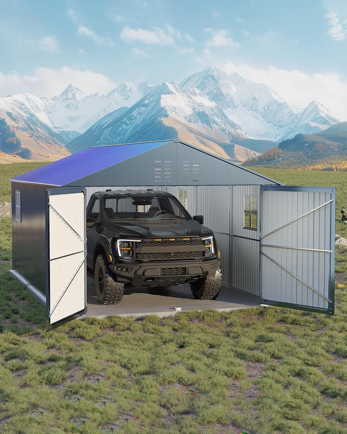 GarveeLife Enclosed Metal Carport 12x20 FT, Gray - Reinforced Frame And Steel Roof