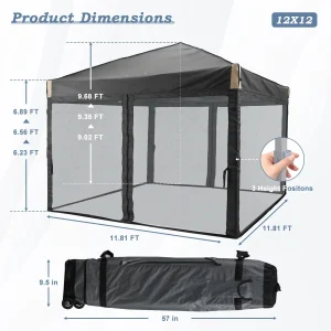 Aoodor Pop Up Canopy 12'x12' With Removable Mesh Sidewalls - Black