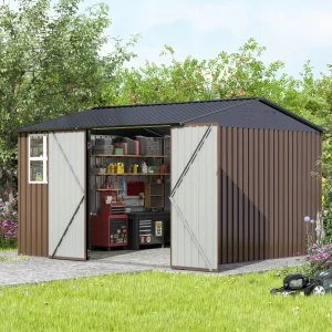 JAXPETY 10 x 10 ft Outdoor Metal Storage Shed With Window And Lockable Door - Brown