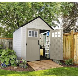 7x7 Ft Resin Outdoor Garden Storage Shed With Windows And Utility Hooks, Sand