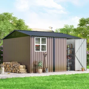 JAXPETY 10 x 10 ft Outdoor Metal Storage Shed With Window And Lockable Door - Brown