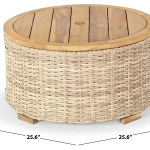 SAFAVIEH Couture Anguilla Outdoor Patio Round Wicker Coffee Table With Storage, Natural