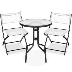 Best Choice Products 3-Piece Patio Bistro Dining Set With Glass Tabletop And Folding Chairs - Gray