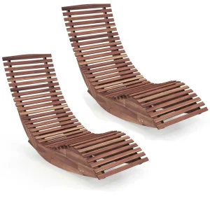 Acacia Wood Outdoor Patio Rocking Chair With Widened Slatted Seat And High Back