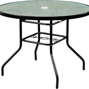 Outdoor Steel Patio Dining Table With Round Waterwave Glass Top, Black, 40 inch