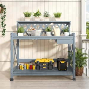 Gray Outdoor Gardening Potting Bench With Storage Drawer