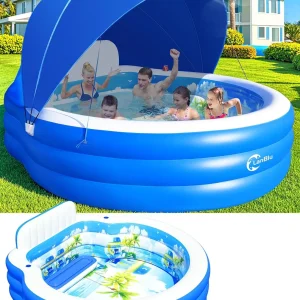 Inflatable Family Lounge Pool With Canopy, Bench And Backrest, 92in x 92in x 26in - Blue