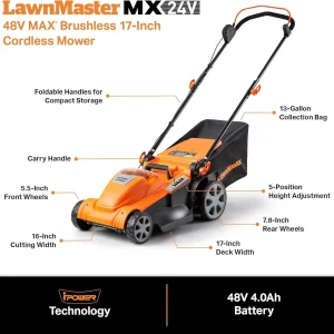 LawnMaster 48V Max Brushless Lawn Mower With 2 x 24V Max 4.0Ah Batteries And Dual Charger - CLMF4817E