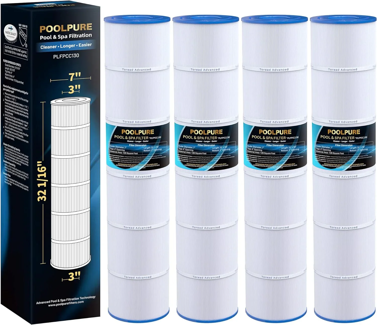 POOLPURE Pool Filter Cartridge 4-Pack 130 Sq Ft 32 1/16in x 7in - PLFPCC130