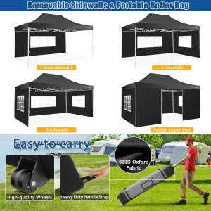 HOTEEL Heavy Duty Pop-Up Canopy Tent 10x15, 4 Sidewalls, Black